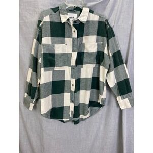 Aerie Plaid Flannel Shirt Green Cream Long Sleeve Button Down Women's Small
